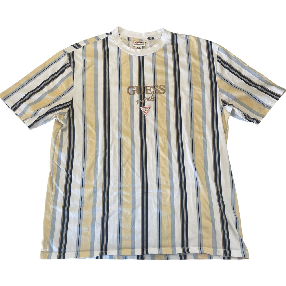 GUESS Originals Mens Vertical Stripe Logo T-Shirt Yellow Blue Medium